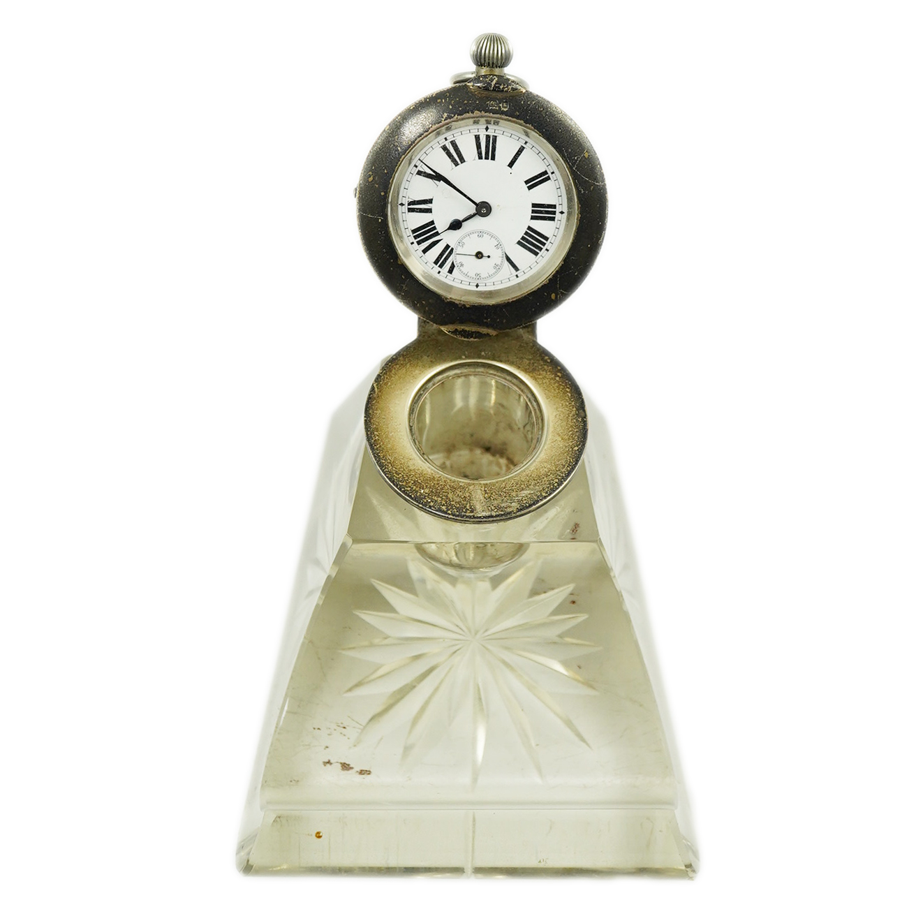 An Edwardian silver watch mounted glass inkwell, maker's mark rubbed